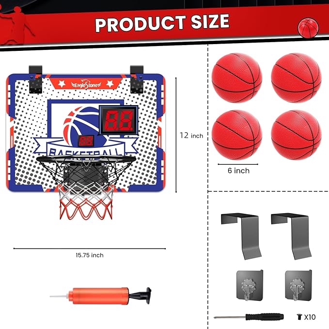 EagleStone Mini Indoor Basketball Hoop with Scoreboard,4 Balls & Pump,Over The Door Bedroom Office Basketball Hoop for 6 7 8 9 10 11 12+ Year Old Kids Boys