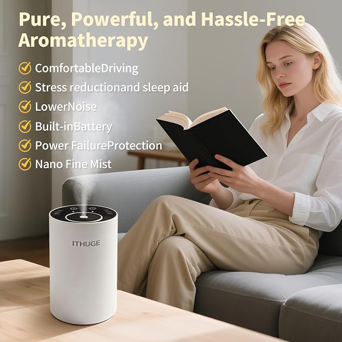 Waterless Essential Oil Diffuser, 48Hr Battery Nebulizing Aromatherapy Diffuser Portable Rechargeable with 3 Intensity Levels, USB-C for Car Home Office Yoga Travel, 1000 Sq Ft (White)