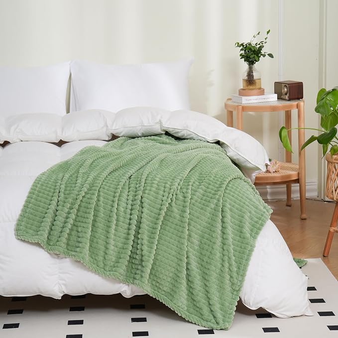 Puncuntex Fleece Throw Blanket Sage Green 108"×90" with Square Grid Design | Super Soft Plush Cozy Flannel Throw Blanket Luxury for Couch Sofa Chair