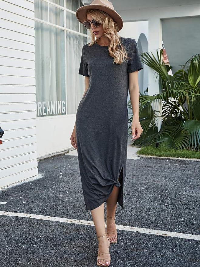 Naggoo Women's Casual T Shirt Midi Dress with Side Slit and Pockets