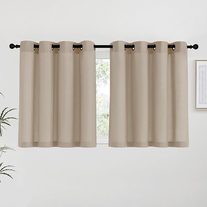 NICETOWN Taupe Linen Kitchen Curtains 36 inch Length, Decorative Thick Flax Small Window Treatments Privacy Assured with Light Filtering for Bedroom/Bathroom, W55 x L36, 2 Panels