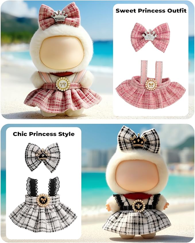 (3-Pack) 17cm Doll Clothes Set, Black Plaid Outfit & Pink Plaid Dress Set with Bow Clip and Metallic Details, Light Pink Fisherman Hat & Suspender Skirt for 17cm Doll, Cute Clothing