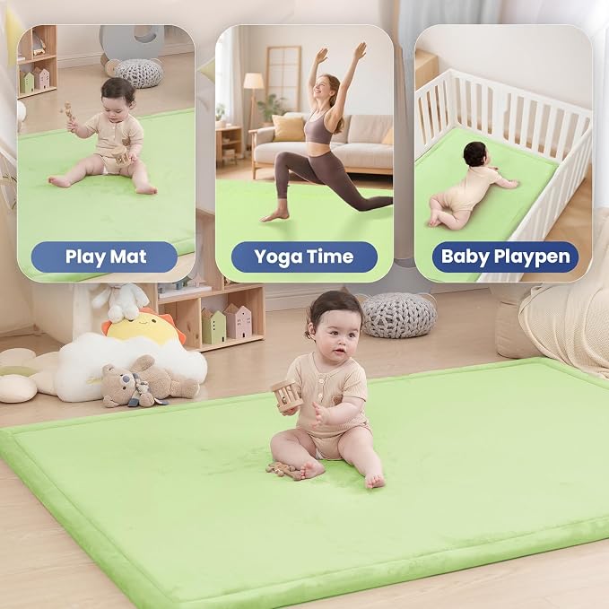 Huloo Sleep Baby Play Mat for Floor,1.3"Thick Elasti-Foam 50x50 Playpen Mat for Toddlers Infant kids,Water-Repellent Soft Velvet for Tummy Time,Non-Slip Backing for Crawling,Tatami Style(Light Green)
