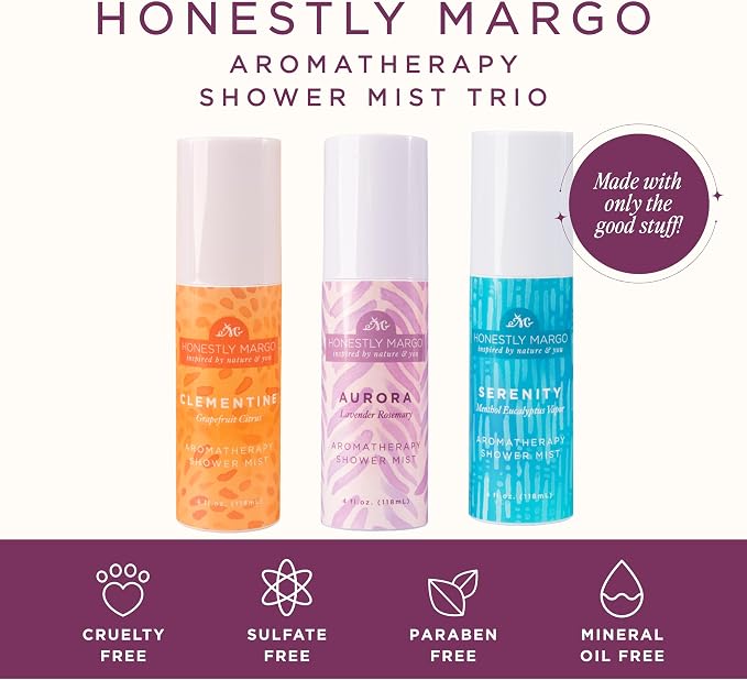 Honestly Margo Aromatherapy Shower Mist Spray Lavender, Eucalyptus and Citrus (4 Fl Oz, Pack of 3) – Wellness Essential Oils for Shower Steam, Personal Space Mist – Clean, Cruelty-Free Bath Products
