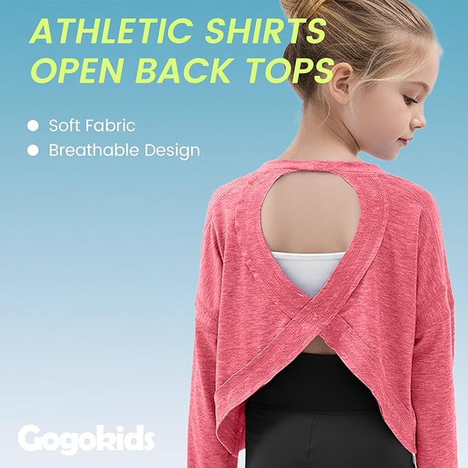 Gogokids Girls Shirts Long Sleeve Athletic Shirts Open Back Tops Active Sports Tshirts Yoga Workout Crop Tees 5-14 Years
