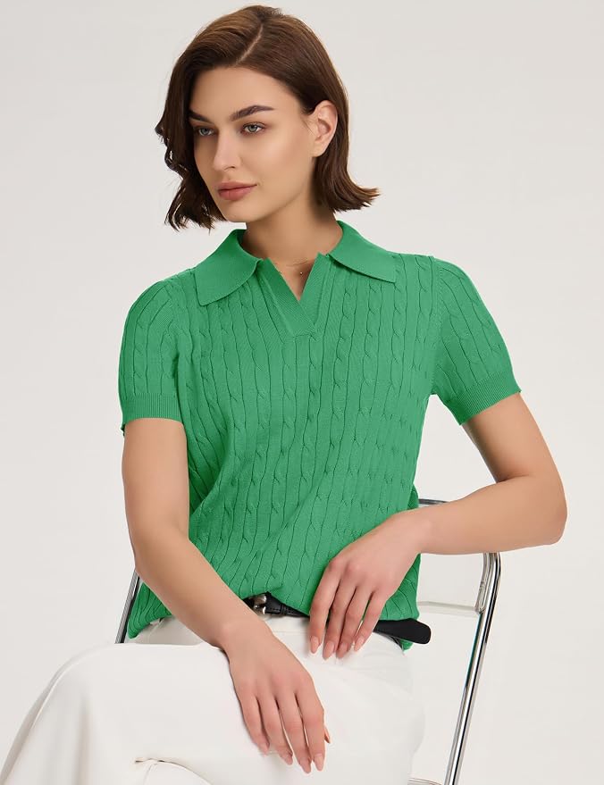 Micoson Womens Short Sleeve Sweater Tops Lapel V Neck Polo Shirts 2026 | Summer Cable Knit Loose Blouses, Business Casual Outfits