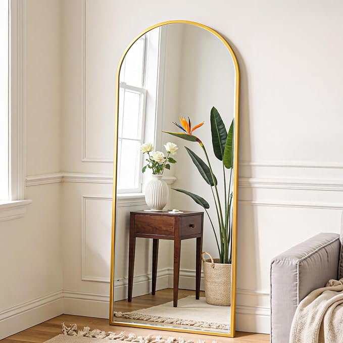 OLIXIS Arched Full Length Mirror with Stand, Full Body Mirror, 60x16 | Hanging or Leaning Wall, Aluminum Alloy Thin Frame, Floor Living Room Bedroom, Long, Gold