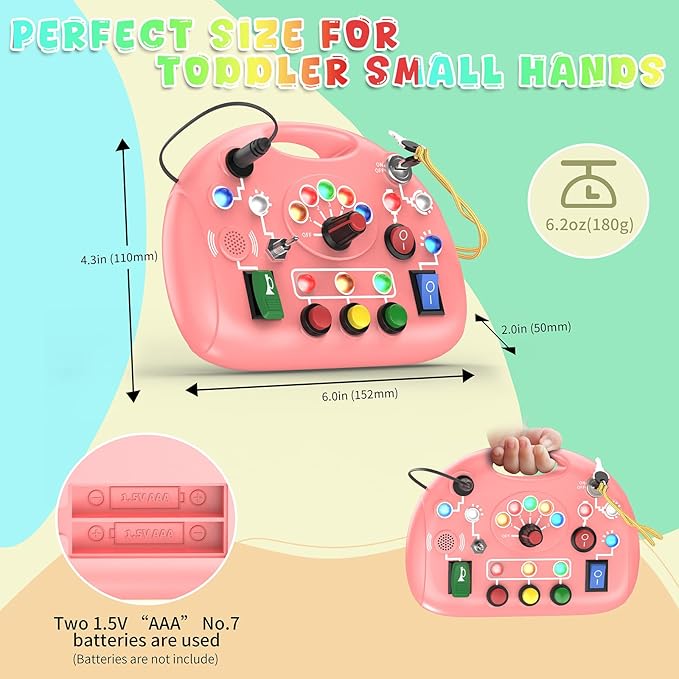 Toddler Busy Board with Led Light Switch, Travel Sensory Board Montessori Toddlers Toys 1-2 Year Old, Baby Educational Activities Travel Essential Toys Ideal Christmas & Birthday Gift (Pink)