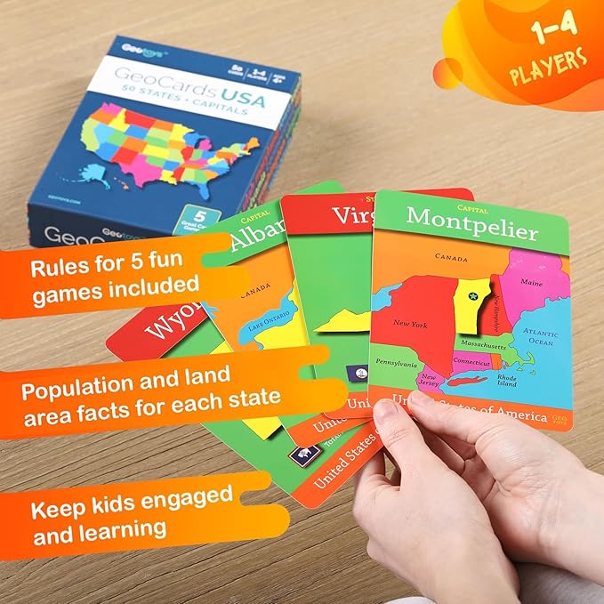GeoToys GeoCards - USA Geography Flash Cards, Kid Card Games for Home, School & Travel, States & Capitals, Ages 4+