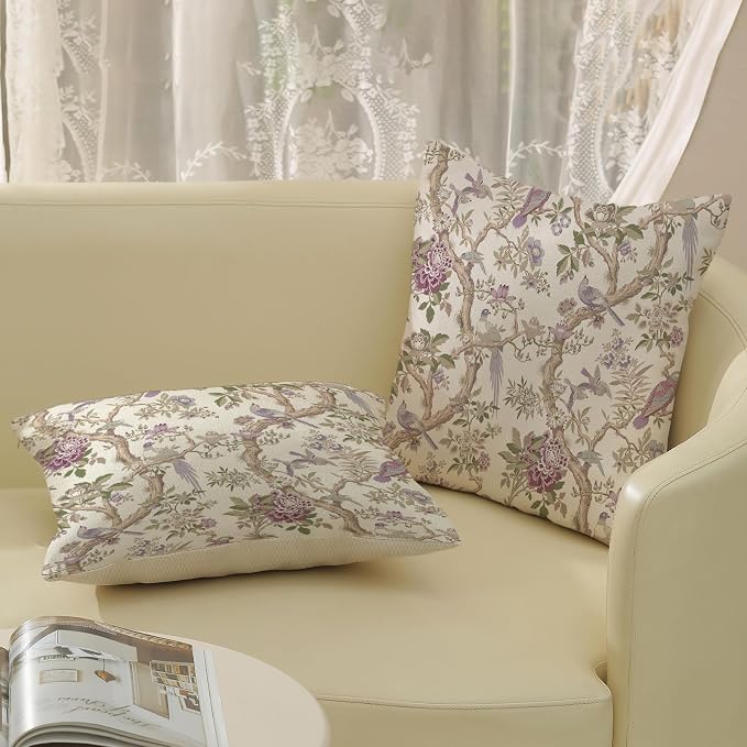 GOLIANDA Chinoiserie Pillow Covers 20x20 Set of 2 Purple Green Floral Bird Throw Pillows Vintage Flowers Bird Decorative Pillow Cases Outdoor Chinoiserie Decor Farmhouse Cushion Case for Couch Sofa