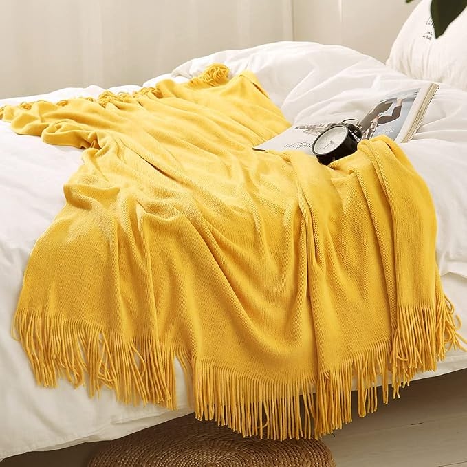 Homiest Yellow Knitted Throw Blanket with Fringe, 60x80 Inch | Pure Acrylic, Lightweight & Breathable, All-Season Use, Machine Washable, Wrinkle & Fade Resistant, for Couch Sofa And Bed