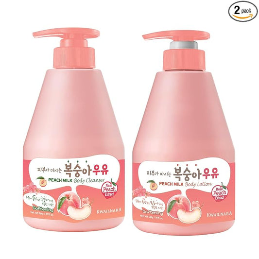 Kwailnara Peach Milk Body Wash & Lotion Set (19.75 Oz Each) – 2-Piece Korean Skincare Duo for Clear & Radiant Skin | Milk Protein, Royal Jelly & Vitamin-Rich Peach Extract | Paraben-Free