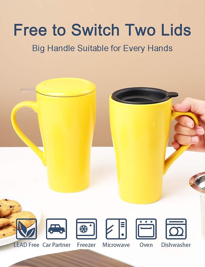 Tea Mug with Infuser and 2 Lids, 18oz Large Tea Infuser Cup, Tea Strainer Mug for Loose Leaf, Ceramic Travel Mug with Teabag Holder (Yellow)