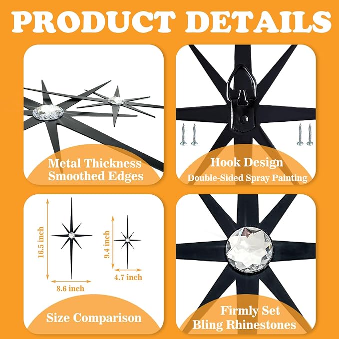 4 Pcs Star Wall Art for Home Decor Living Room Bedroom Office Metal 3D,Bling,with Hanging Hook Starburst Midcentury Sculpture Retro Gallery Accent Celestial -Black 16.5in/9.4in