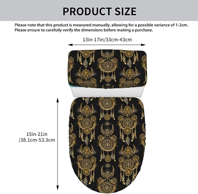 Dustproof Toilet Lid Tank Cover Set Boho Chic Golden Crescent Moon Sun Mandala, Stretch Polyester Spandex Non Slip Elastic Bottom Bathroom