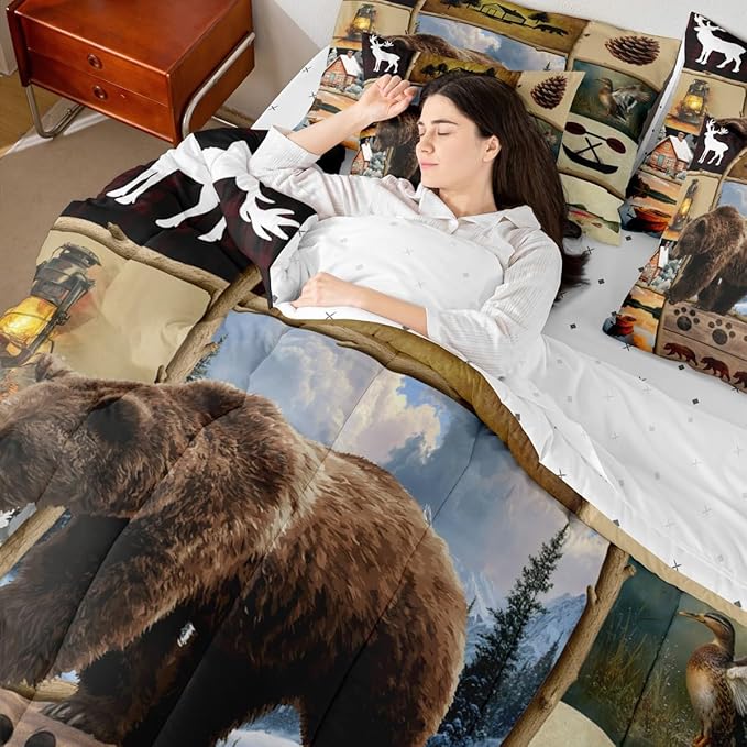 Feelyou Rustic Farmhouse Bear King Comforter Set with Sheets for Kids Boys Girls Hunting Wild Animal 7 Pieces Bedding Set Patchwork Cabin Lodge Bed in a Bag Room Decor Soft Microfiber