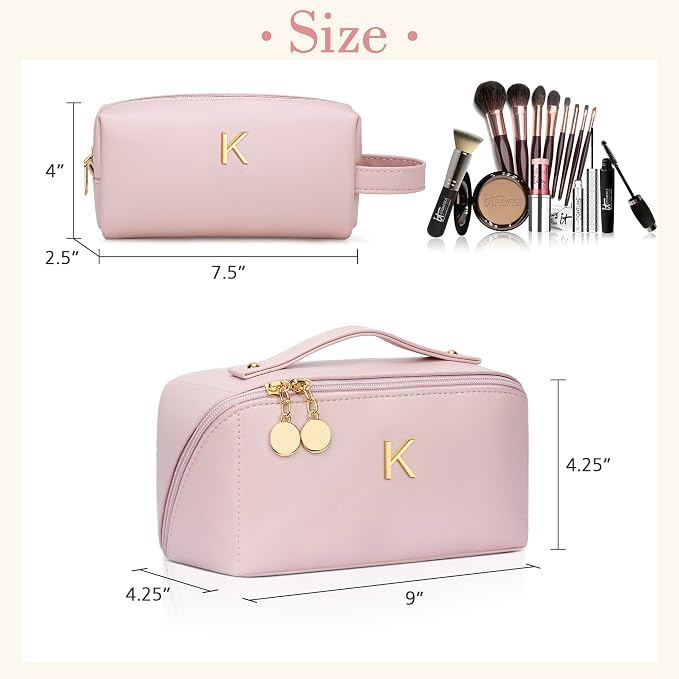 KKXIU Initial Makeup Bag for Women - Personalized Makeup Bag Gifts for Women, Travel Toiletry Bag with PU Leather, Open Flat Design with Top Handle, Cosmetic Bag Set with Multi-Pocket (Pink,K)