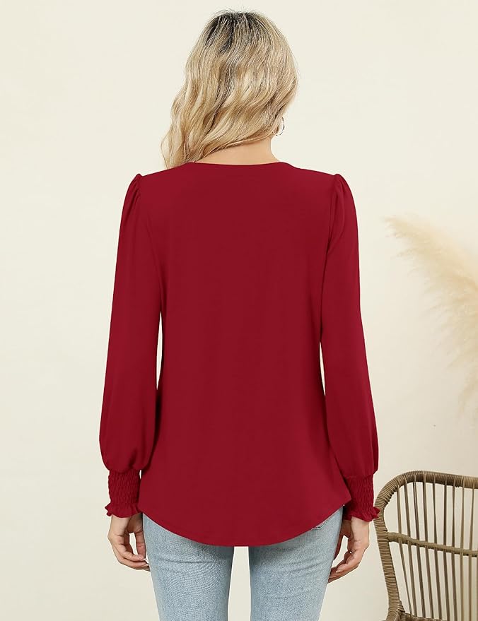 LOMON Womens Tops Dressy Casual Pleated Ruffle Long Sleeve Tunics Tops to Wear with Leggings V Neck Work Blouse
