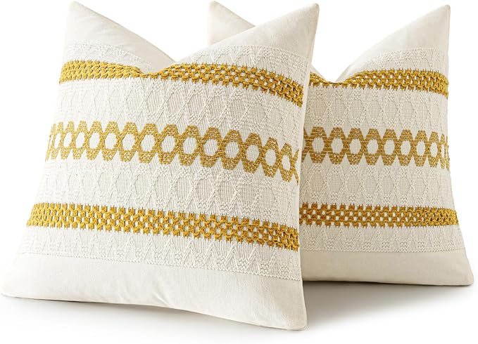 MIULEE Set of 2 Mustard Yellow Boho Decorative Pillow Covers 20x20 Inch | Fall, Boho Farmhouse Modern Couch Throw Pillows, Cotton Cushion Covers, Macrame Woven Home Decor for Bed Sofa Chair