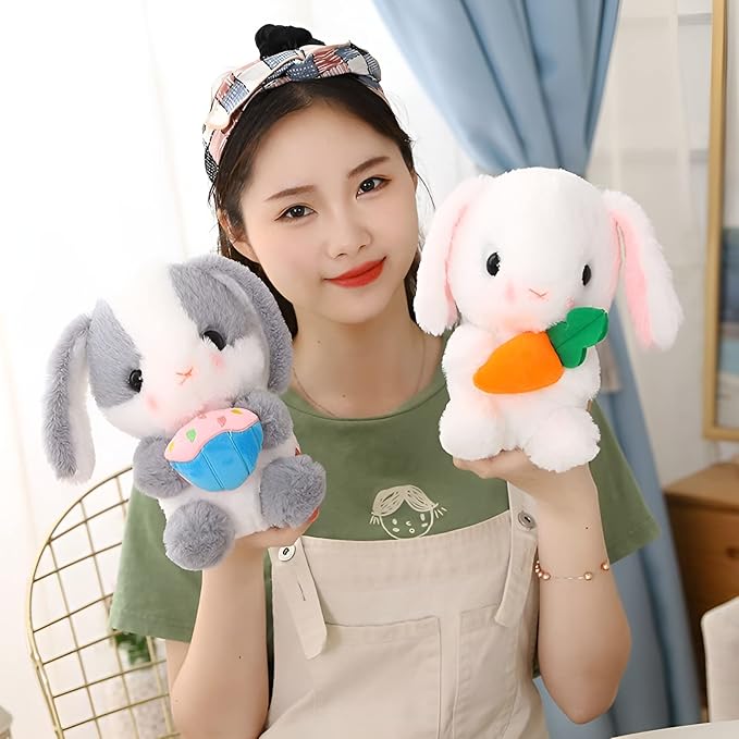HOUPU Soft Toy - Sitting Lop Eared Rabbit, Easter White Rabbit Stuffed Bunny Animal with Carrot Soft Lovely Realistic Long-Eared Standing Pink Plush Toys (Ash White-Cake,16.9in/43cm)