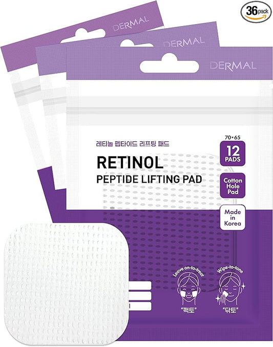 DERMAL Retinol Peptide Lifting Pad - Korean Toner Pad for Anti-Aging & Wrinkles with Bakuchiol - Vegan Pure Cotton Square Pads - Travel Kit 12 Pads, 3 Pack (Total 36 ea)