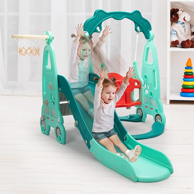 4 in 1 Slide Climber Swing Set, Freestanding Toddler Slide Climber Playset with Basketball Hoop, Toddler Playground Indoor Outdoor, Easy Setup