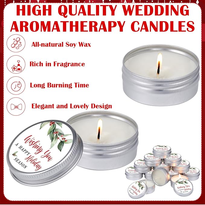 MTLEE 50 Pcs Happy Holiday Candles Gift Favors for Guests 1 oz Christmas Holly Lavender Scented Soy Wax Aromatherapy Candle Favors for Xmas Winter Bridal Shower Wedding Party Guests