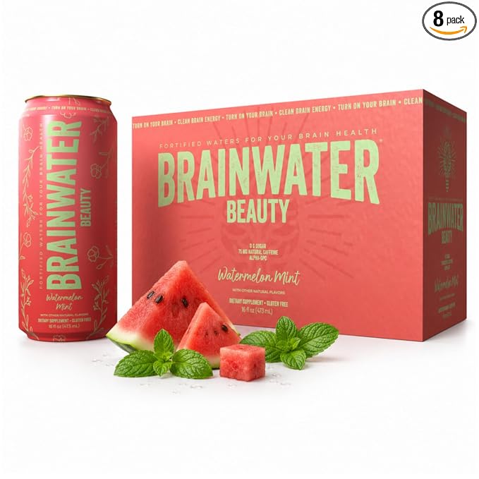 BrainJuice BrainWater Calm, Water for Clean Energy, Focus & Relaxation Support, Gluten Free, Zero Sugar Drinks with Ashwagandha, Alpha GPC, Vitamin C & B, Organic Green Tea, 8 Pack (Watermelon Mint)