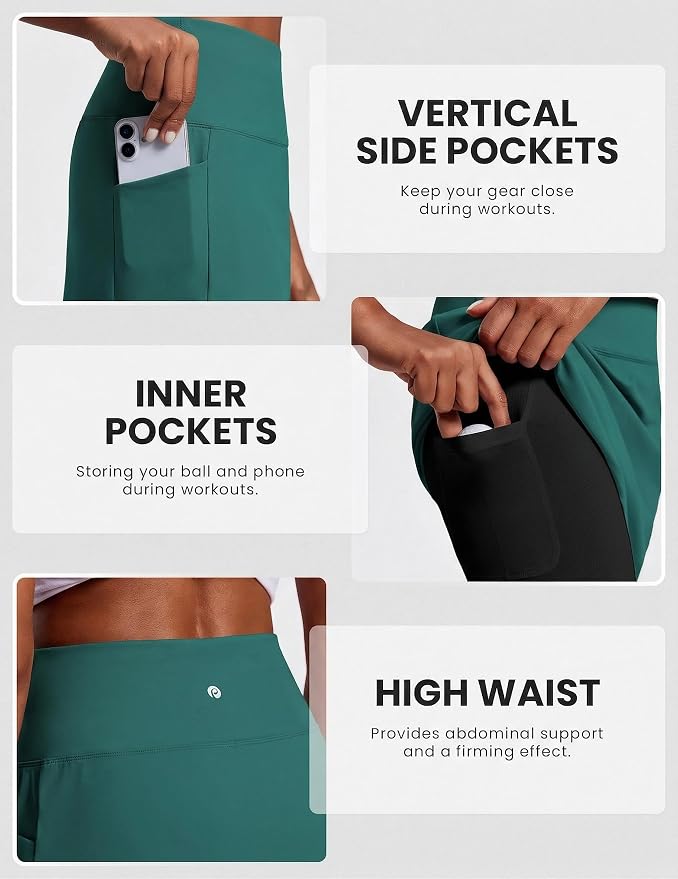 PINSPARK 19" Knee Length Skorts for Woman with Pockets UPF 50+ Golf Skirts | 4 Pockets, Built-in Shorts, High Waisted & Tummy Control, Moisture-wicking for Golf Athletic Tennis Workout Casual