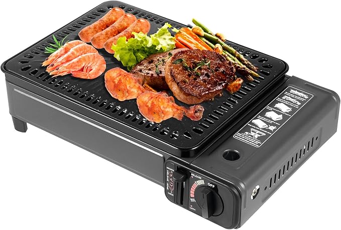 Portable Gas Grill Butane Stove, Stainless Steel Propane Grill with Baking Sheet and Carry Case Korean bbq Grill Tabletop Grill for Outdoor Cooking Camping Cooking With Carry Case (Black)