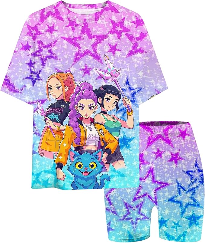 K-POP DEM0N Hunters Outfits for Girls, 2 Piece T-Shirts and Apparel Sets Birthday Gift