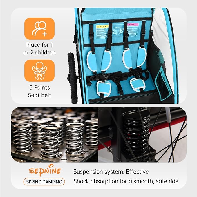 Sepnine 2-in-1 Kids Bike Trailer and Stroller with Suspension – Bike Trailer for 1 to 2 Children, Jogging Function, Foldable, 5-Point Harness, Spacious Storage, with Bug Screen and Weather Shield
