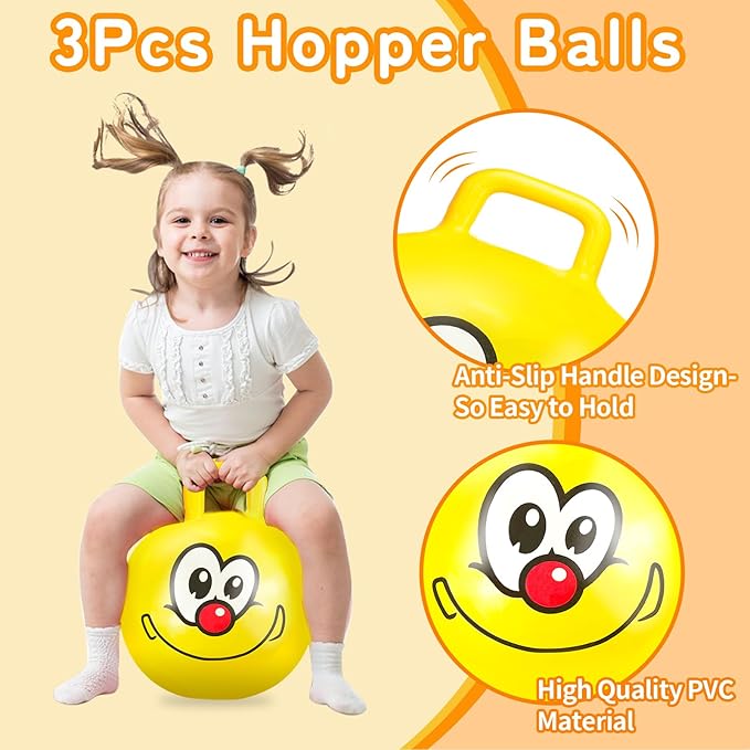 Bounce Balls with Handles for Kids, 3 Pack Hopper Ball for Kids 3-6, Hippity Hop Balls 18 Inch with Air Pump, Jumping Bouncing Ball Ride On Toys for Sports Games Balance Exercise Indoor Outdoor Fun