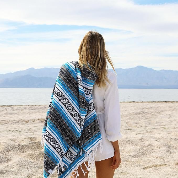 Open Road Goods Bulk Falsa Blankets - Handwoven Authentic Mexican Falsa - Great for Weddings, Yoga, Beach, Picnics, or Mexican Throw! (Bright Blue, 7 Pack)