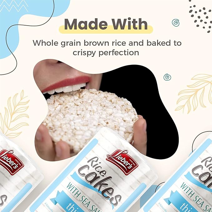 Lieber's Thin Rice Cakes, Sea Salt, Gluten Free, Vegan, 6 Pack | Whole-grain Brown Rice Snack, Kosher Certified, Dairy Free and Wheat Free, Crispy, Crunchy with 60 Calories or Less per Cake