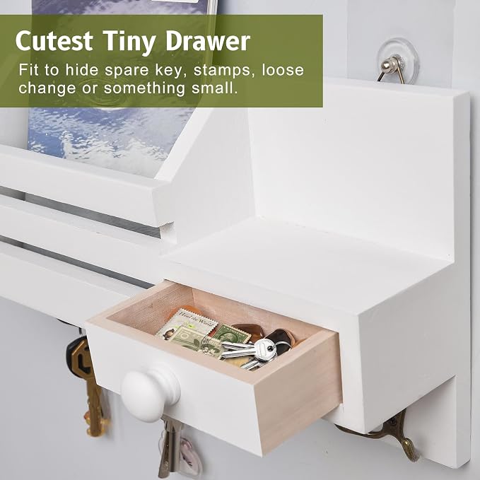 Key Holder Wall Mount, Wooden Key and Mail Organizer, White | 2 Mount Options, Includes 8 Hooks, Fence Mail Slot, Small Drawer and Shelf, for Entryway, Hallway, Doorway, Living Room, RV