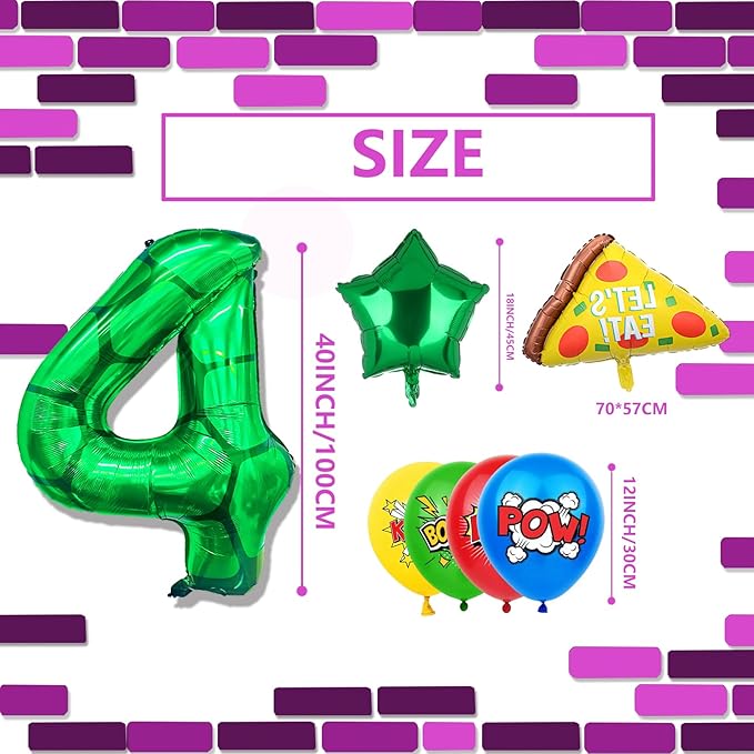 7Pcs Cartoon Turtle Theme Birthday Decorations 40 Inch Number 4 Foil Balloons Super Green Turtle Themed Hero Large Mylar 4th Number Balloon Video Game Pizza Balloon Party Favors Red