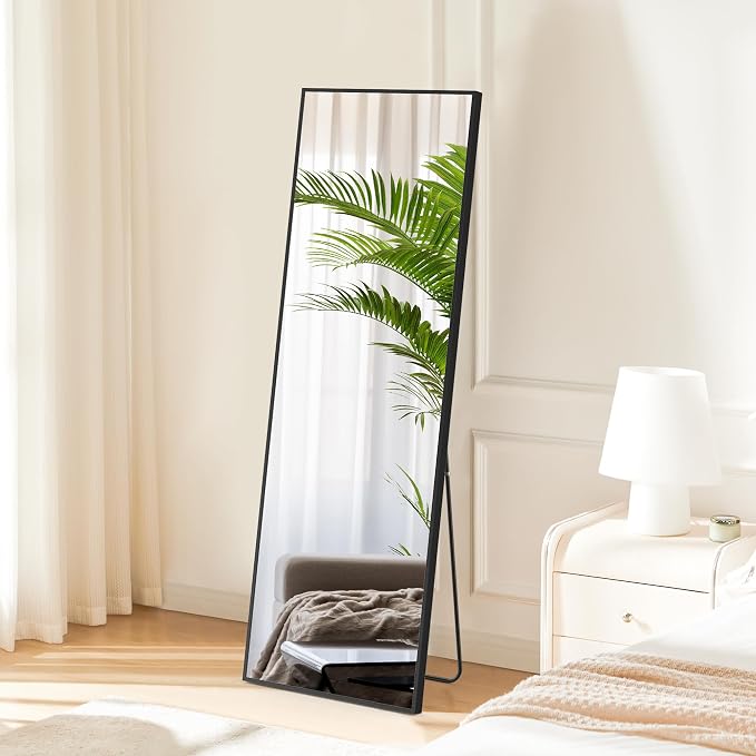 OLIXIS 59"x16.6" Full Length Mirror, Full Body Mirror with Stand | Aluminum Alloy Thin Frame, Free Standing Mirrors for Bedroom, Hanging or Leaning Floor, Living Room Bedroom, Black