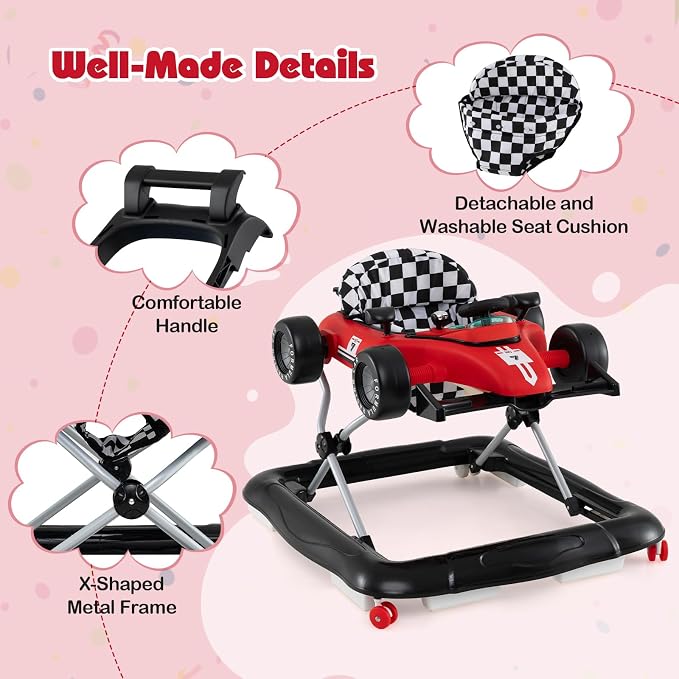 HONEY JOY Baby Walker, 4-in-1 Foldable Infant Activity Push Walker, Toddler Car Walker with Adjustable Heights, Music, Lights, Padded Seat, Baby Walker with Wheels for Boys Girls 6-18 Months (Red)