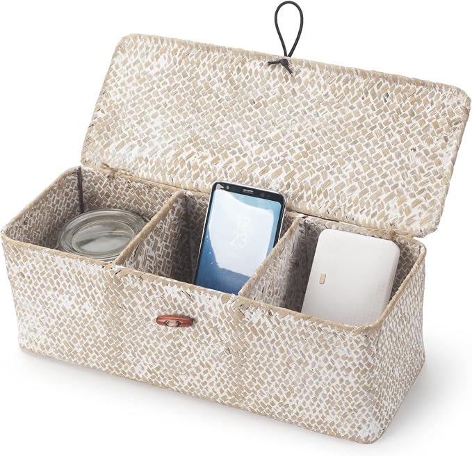 Seagrass Storage Basket with Lid Rectangular Small Woven Shelf Baskets with Sections for Organize Snack Toys Whitewash