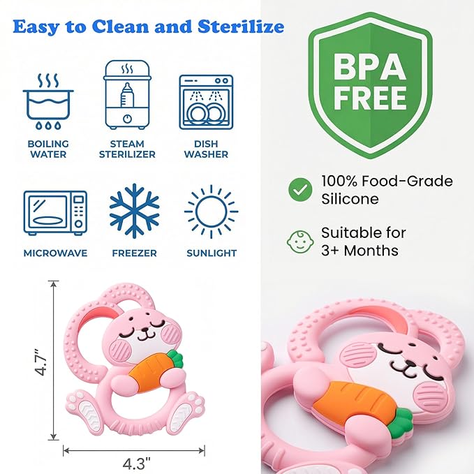 Easter Baby Teething Toys for 3+ Months, Silicone Bunny Rabbit Teether for Babies 3 6 9 12 Months, Teething Relief, Easter Basket Stuffer Essential, Pink Sensory Toy Gifts Girls