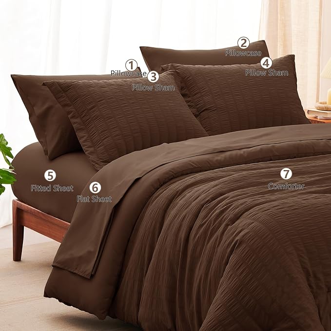 CozyLux Oversized Queen Comforter Set Brown Seersucker 7 Pieces 98x98 Bed in a Bag Comforter Set with Sheets, Luxury Soft Bedding Sets with Down Alternative Comforter, Sheets, Pillowcases & Shams