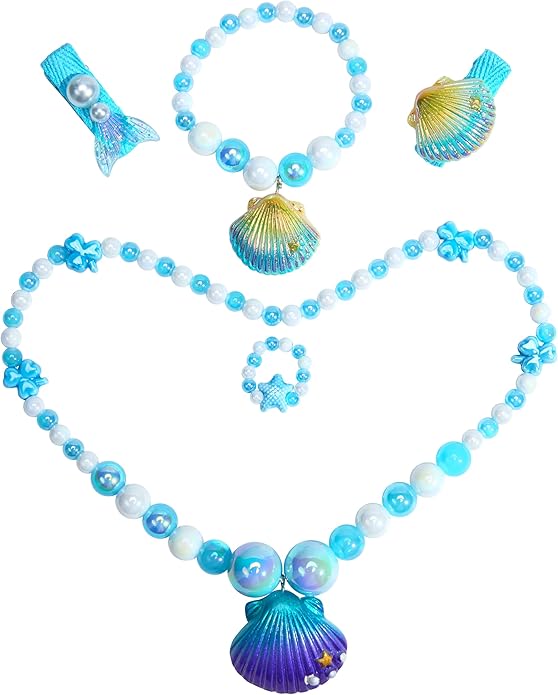 Little Girl Jewelry Sets Kids Jewelry - Unicorn Mermaid Bead Necklaces, Jewel Rings, Dress Rings, Friendship Bracelets with Science Knowledge Cards & Spare Strings - Princess Dress Play Toy for Toddlers 2 3 4 5 6 7 8 - Birthday Party School Gifts