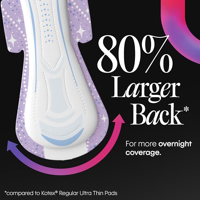Kotex Overnight Maxi Pads with Wings, Extra Heavy Absorbency, 84 Count (3 Packs of 28)(Packaging May Vary)