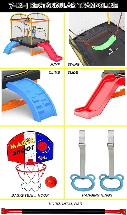 6.5ft Climb Slide Swing 7-in-1 Mini Rectangular Trampoline for Kids | Birthday Gift for Girls and Boys, Indoor Outdoor Toddler's Trampoline with Safety Net Enclosure, Padding, Zipper