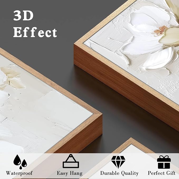 FWIEXA 3D Beige White Floral Canvas Wall Art Set 3,Texture Neutral Flower Framed Prints,Modern Abstract Aesthetic Botanical Paintings,24x36In Watercolor Minimalist Magnolia Artwork for Living Room,Bedroom,Office