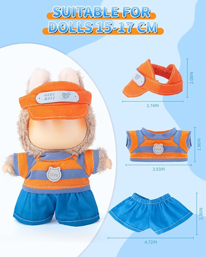 17cm Doll Clothes Set – 3PCS Outfit with Hat, Top & Shorts – Small Doll Clothes & Accessories for 15 - 17 cm Dolls – NO Doll Included – Great for Display, Play or Gift