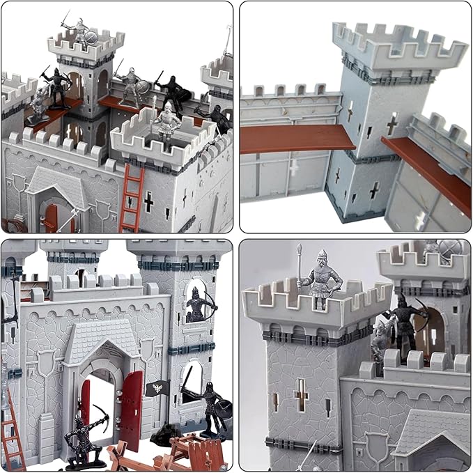 Mostop Medieval Castle Knight Toy Solider Army Figures Toy, DIY Assembled Castle Model Knight Game Soldier Building Kit with Castle,Cavalry and Arrow Tower Simulated Siege War of Attack