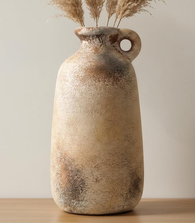 Ceramic Flower Vase, 10.1" Rustic Farmhouse Vase with Glazed Interior, Decorative Pottery Vase for Fresh Flowers, Pampas Grass, Living Room, Dining Table, Mantel and Shelf Decor