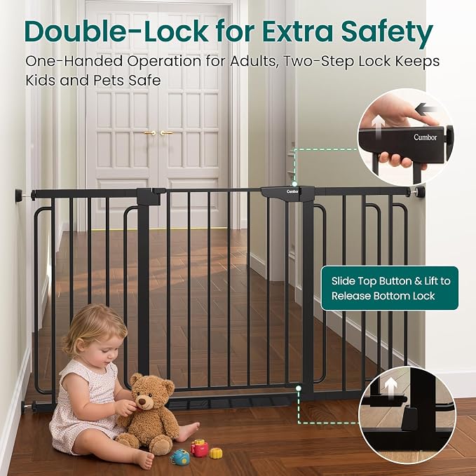 Cumbor 30.4-56.8" Extra Wide Baby Gate for Stairs, Dual Lock & Self-Closing Dog Gate Indoor, Easy Install Pet Gate for Doorways & Wide Openings, Easy Walk Thru Safety Proofing for Babies & Pets, Black